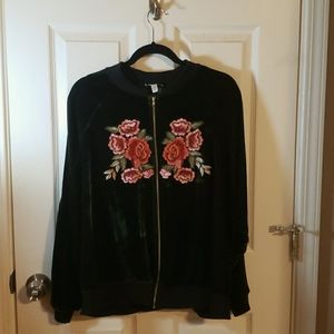 Green Velvet Floral Bomber Jacket